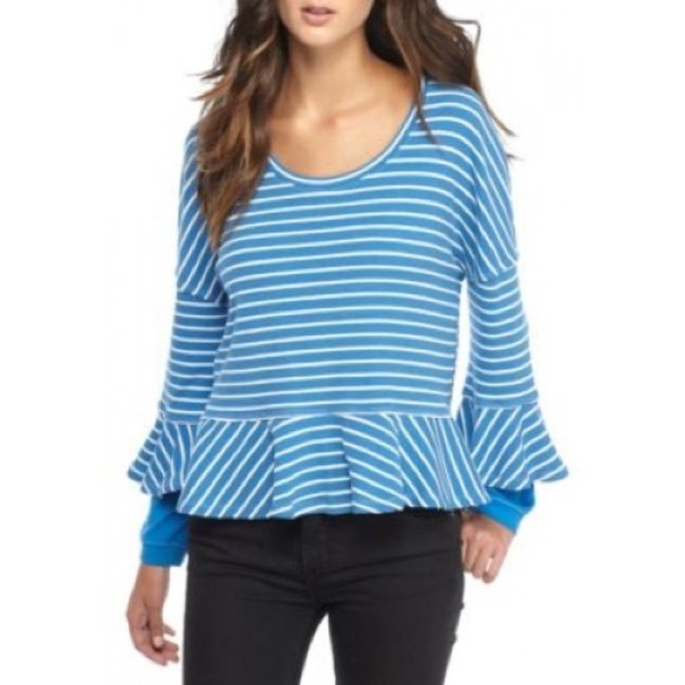 Free People Oversized Striped Roundabout Top Small Coastal Relaxed Ruffle Peplum